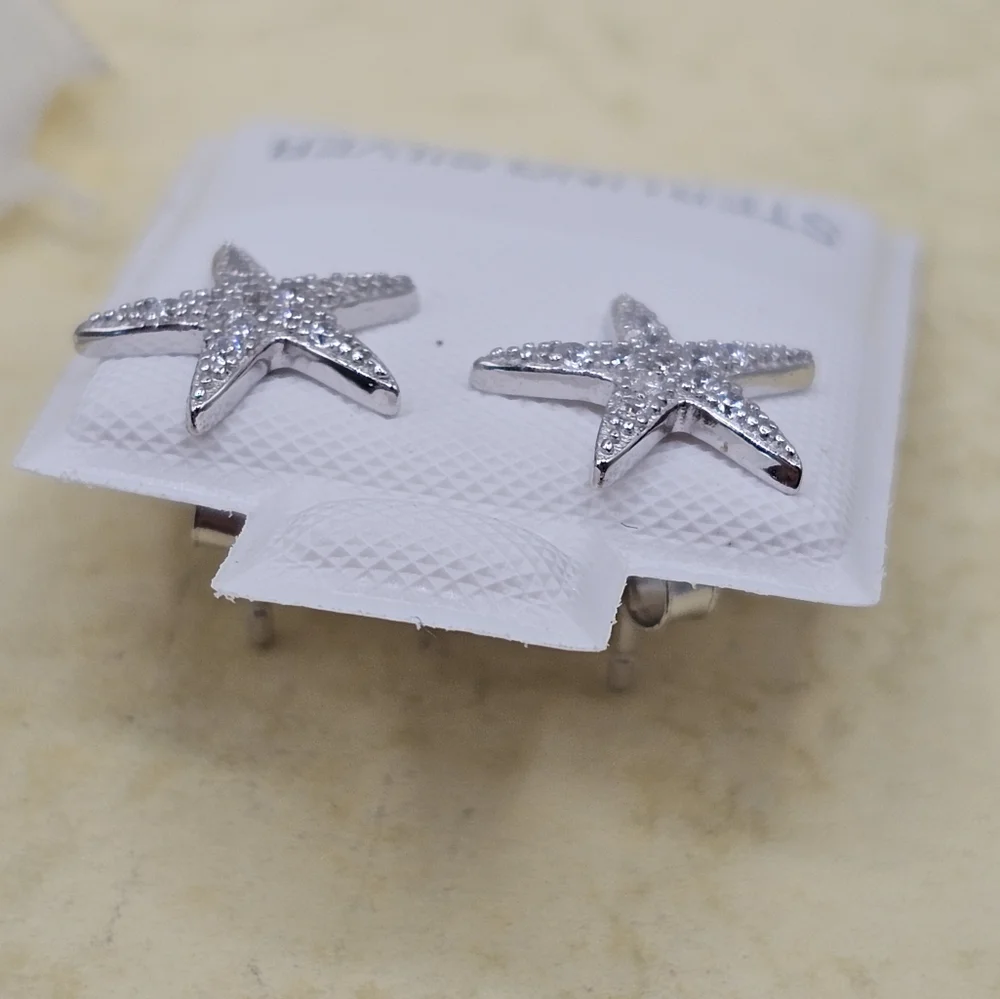 Sterling Silver 925 Rhodium Plated Sea Starfish Cubic Zirconia Stud Earrings